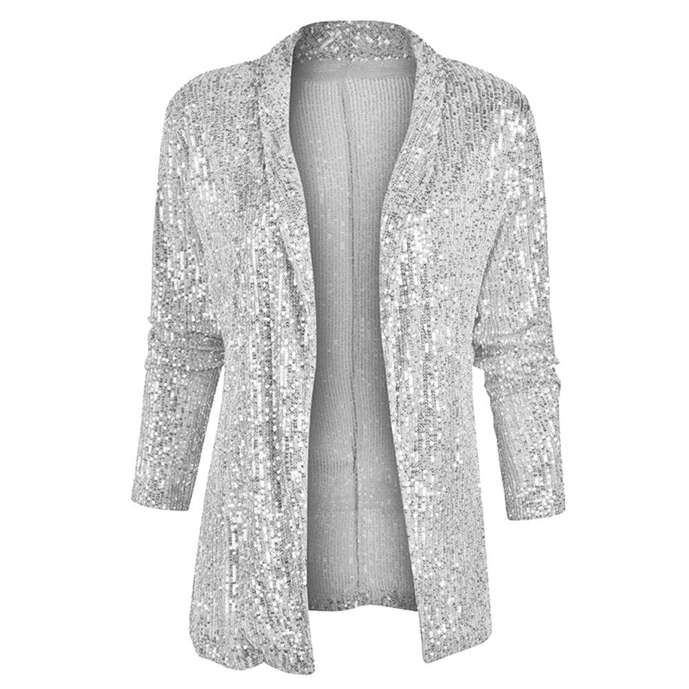 Women's Sequin Long Sleeve Blazer Jacket Polo Collar Mid-Length