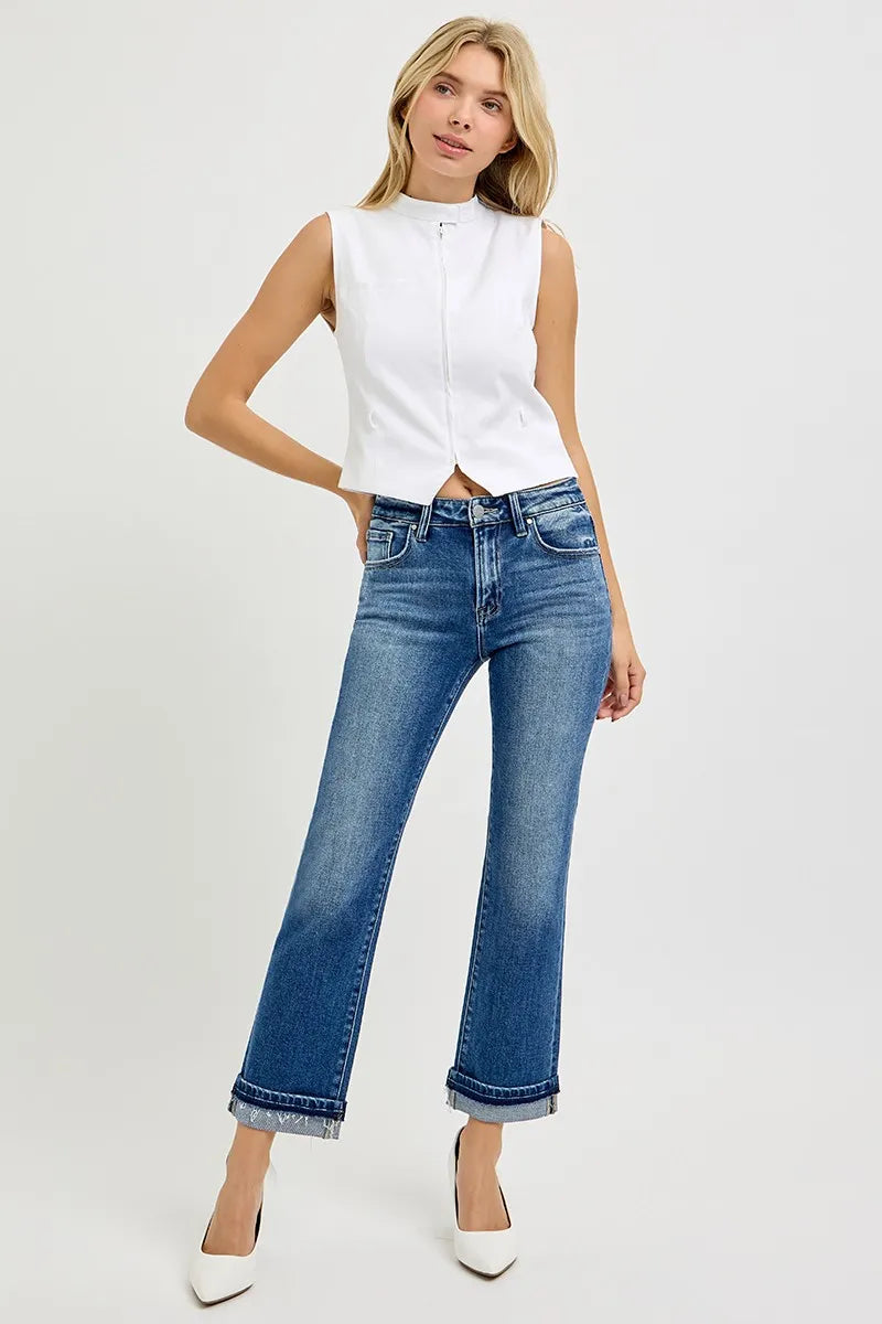 Sarah Express Women’s Mid Rise Cuffed Ankle Straight Jeans
