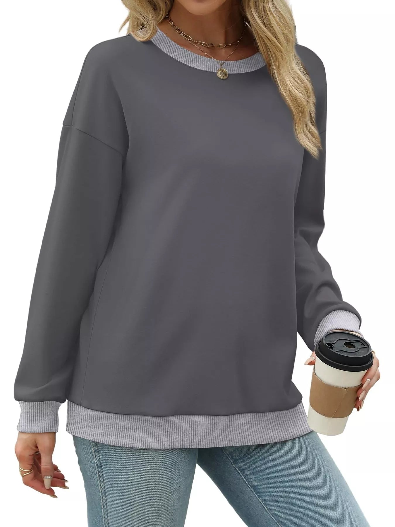 Sarah Express Women's Contrast Trim Crew Neck Casual Sweatshirt