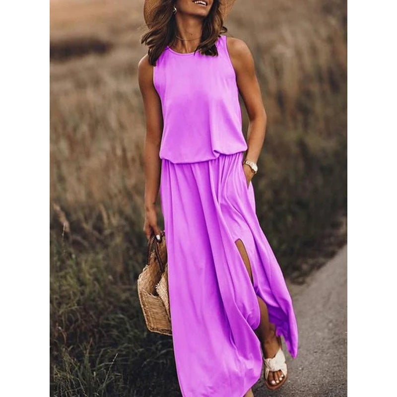 Sarah Express Women's Sleeveless Round Neck Dress with Side Split Solid Color
