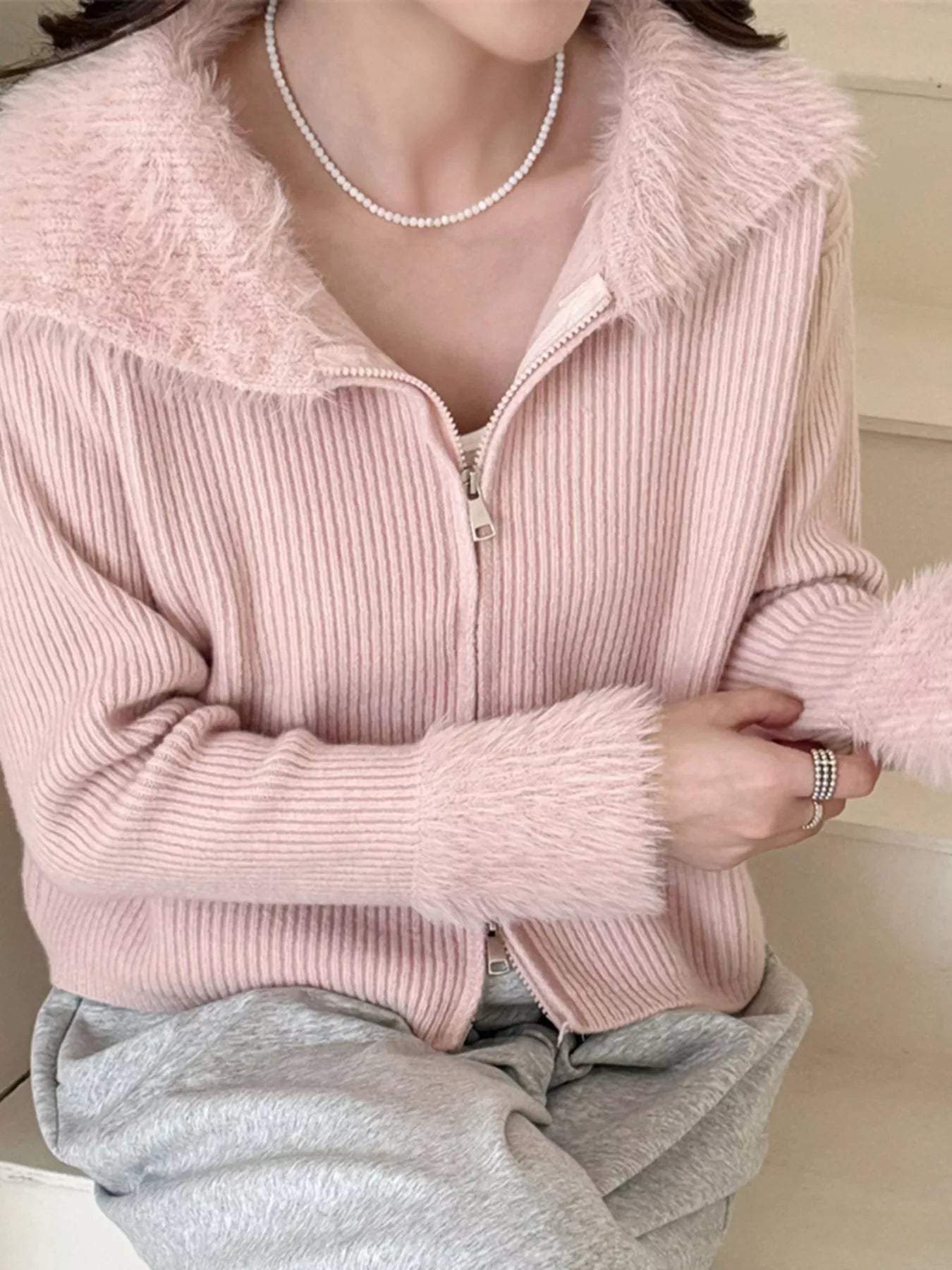 Sarah Express Women's Fluffy Trim Zip-Up Cardigan