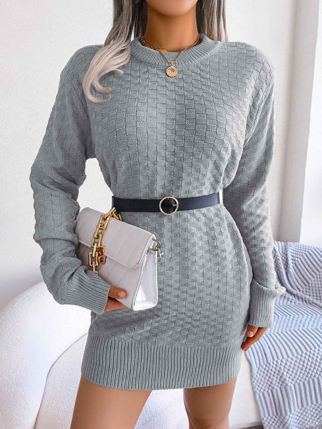 Sarah Express Women's Plaid Knitted Slip Dress Long Sleeve Layered Sweater Dress Gray