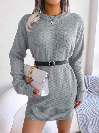 Sarah Express Women's Plaid Knitted Slip Dress Long Sleeve Layered Sweater Dress Gray