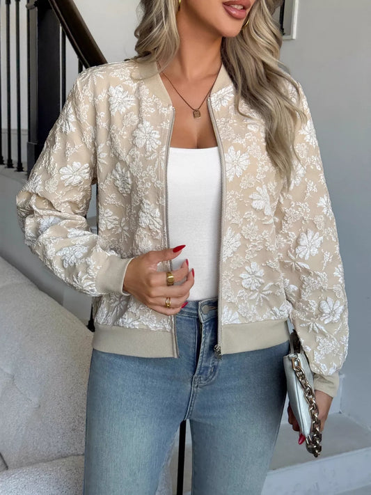 Sarah Express Women's Floral Lightweight Zip Up Jacket Apricot