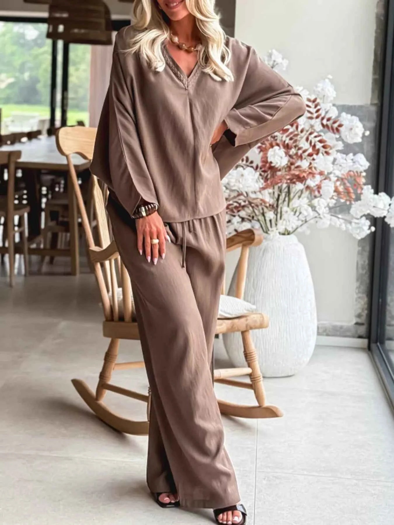 Sarah Express Women's Braided V-Neck Long Sleeve Top and Drawstring High Waist Pants Set