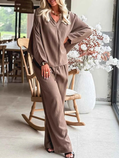 Sarah Express Women's Braided V-Neck Long Sleeve Top and Drawstring High Waist Pants Set