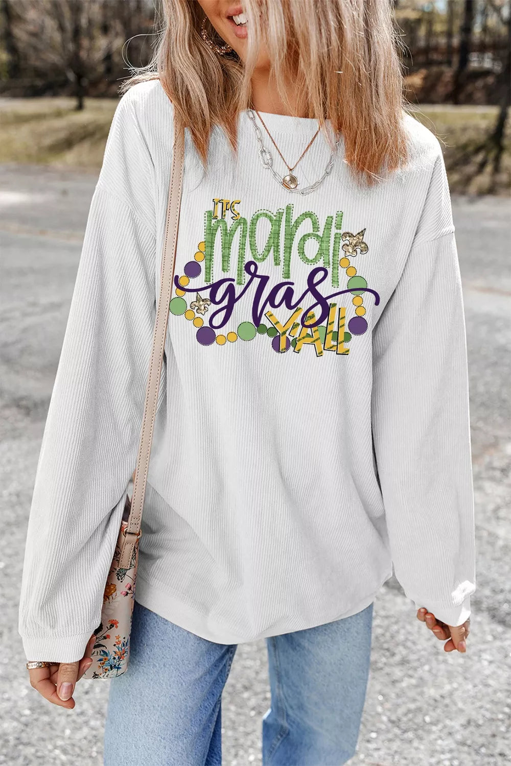 Sarah Express Women's Mardi Gras Y'all Corded Ribbed Pullover Sweatshirt