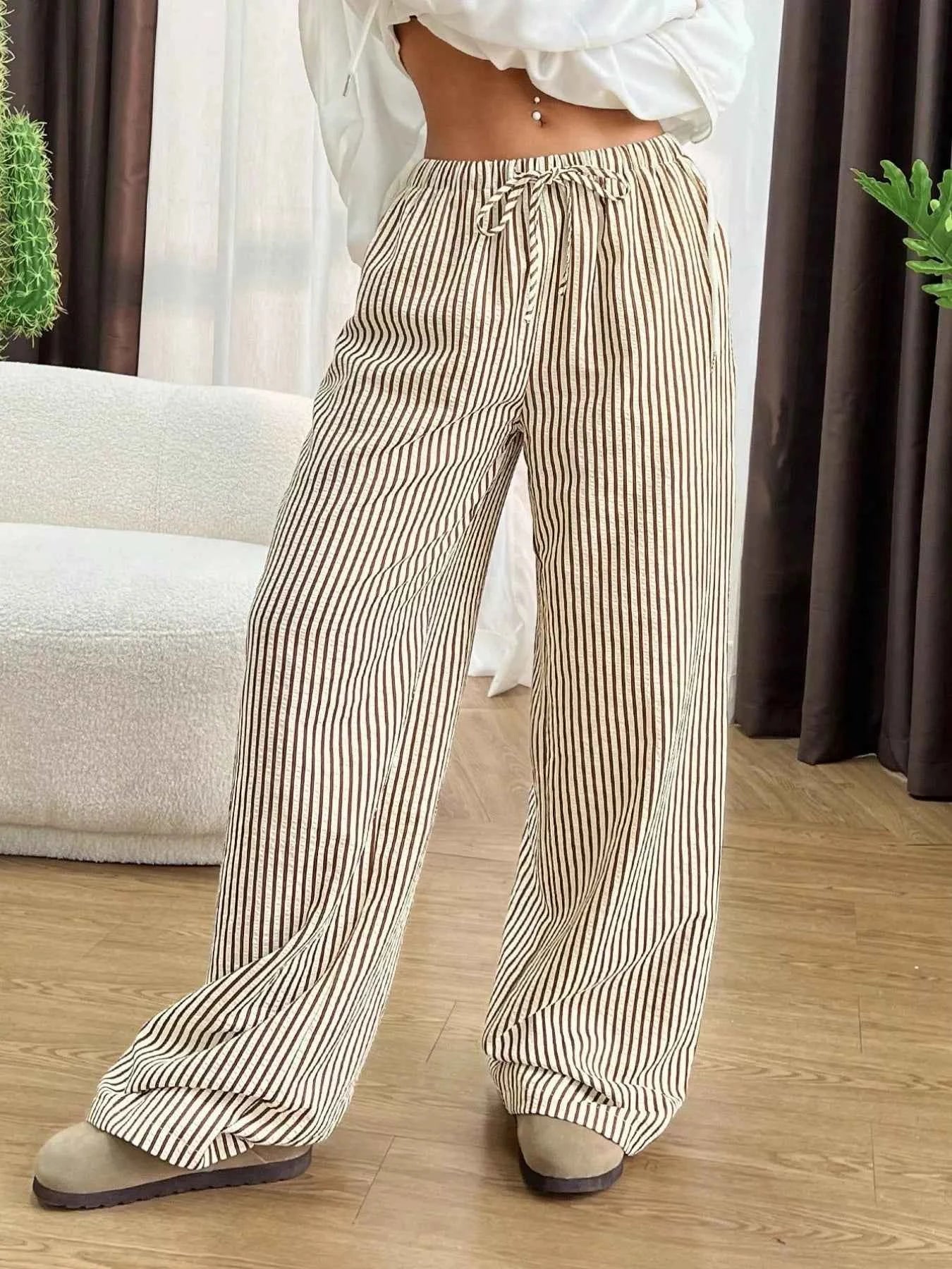 Sarah Express Women's Striped Wide Leg Pants with Drawstring Waist - Plus Size Available
