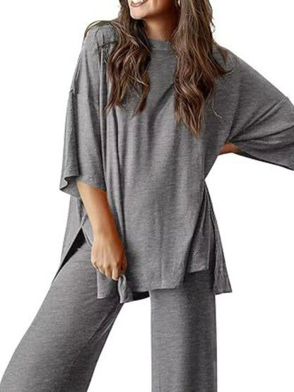 Sarah Express Women's Two Piece Slit Round Neck Top and Pants Set - Casual Loungewear Outfit Dark Gray