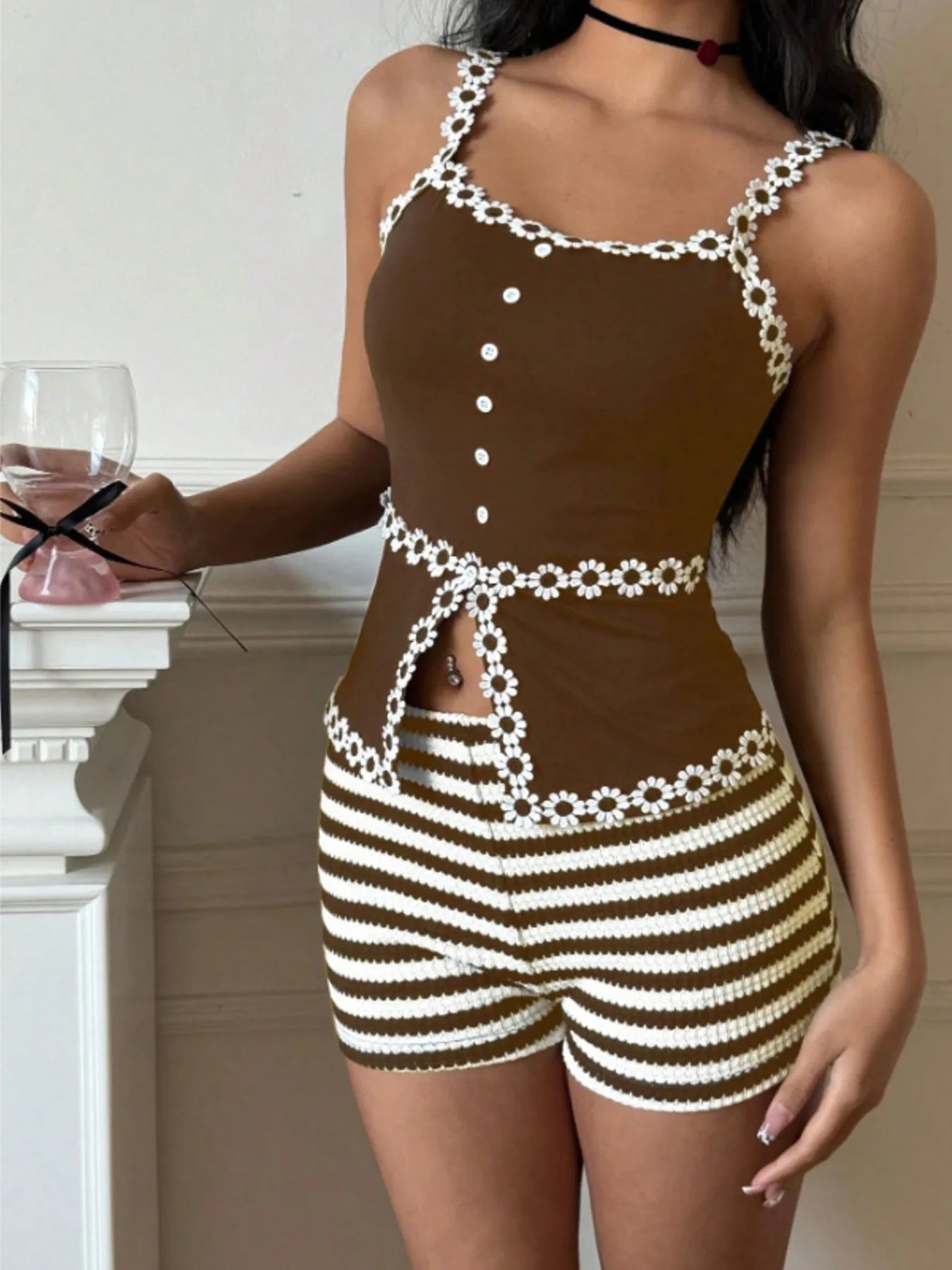 Sarah Express Women's Striped High Waist Knit Shorts Coffee Brown