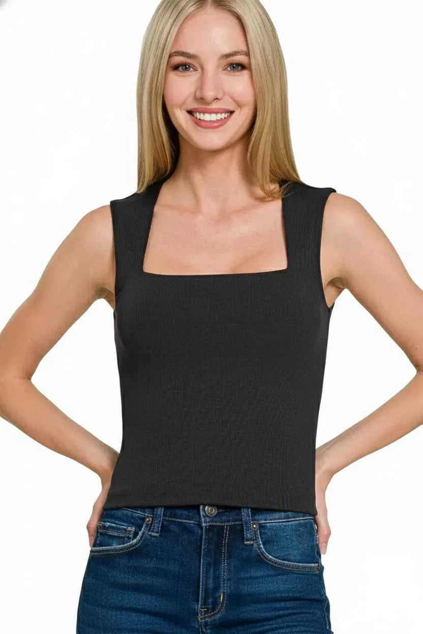 Sarah Express Women's Ribbed Seamless Double Layered Square Neck Tank Top