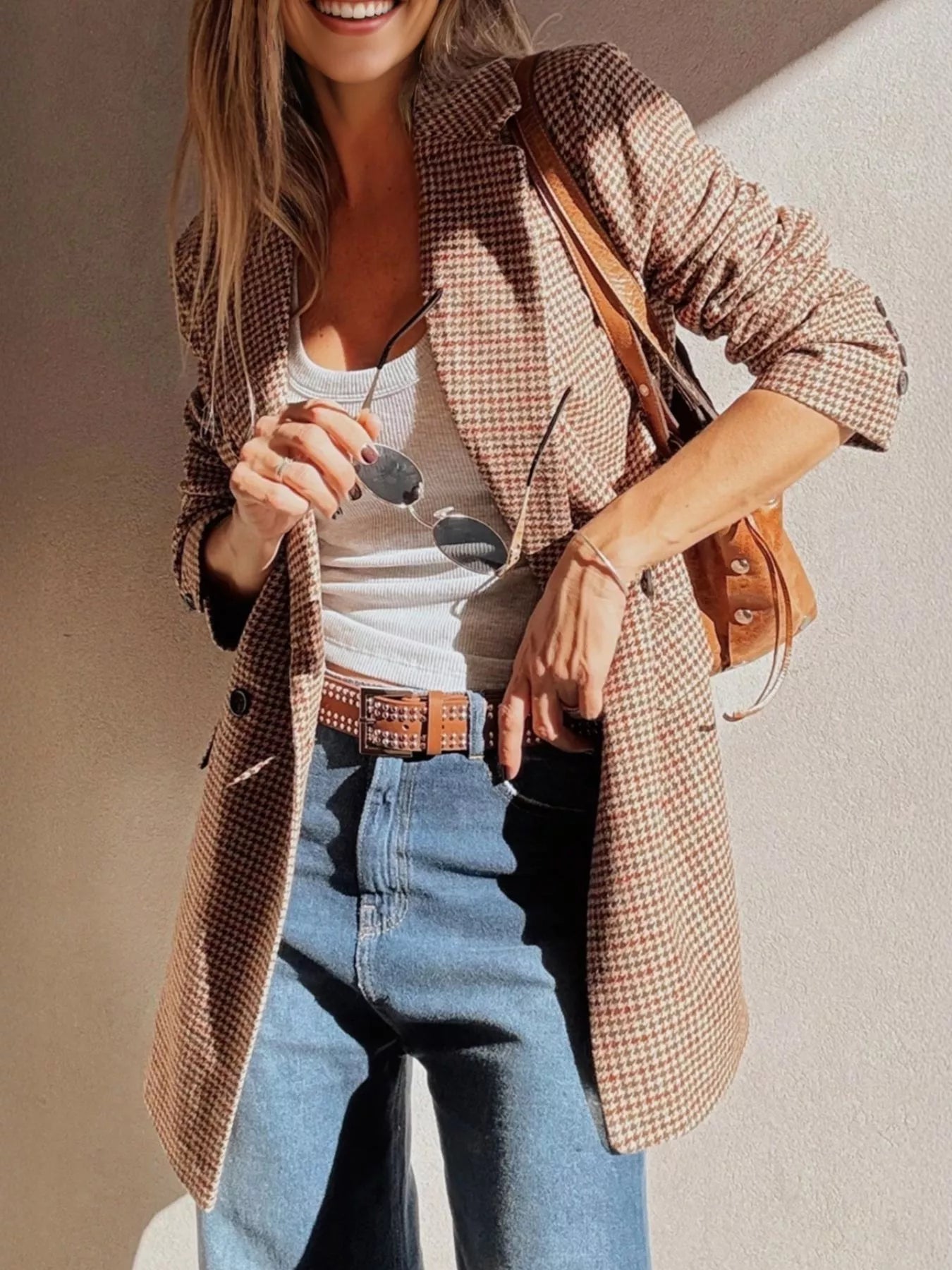 Sarah Express Women's Houndstooth Lapel Collar Blazer Camel