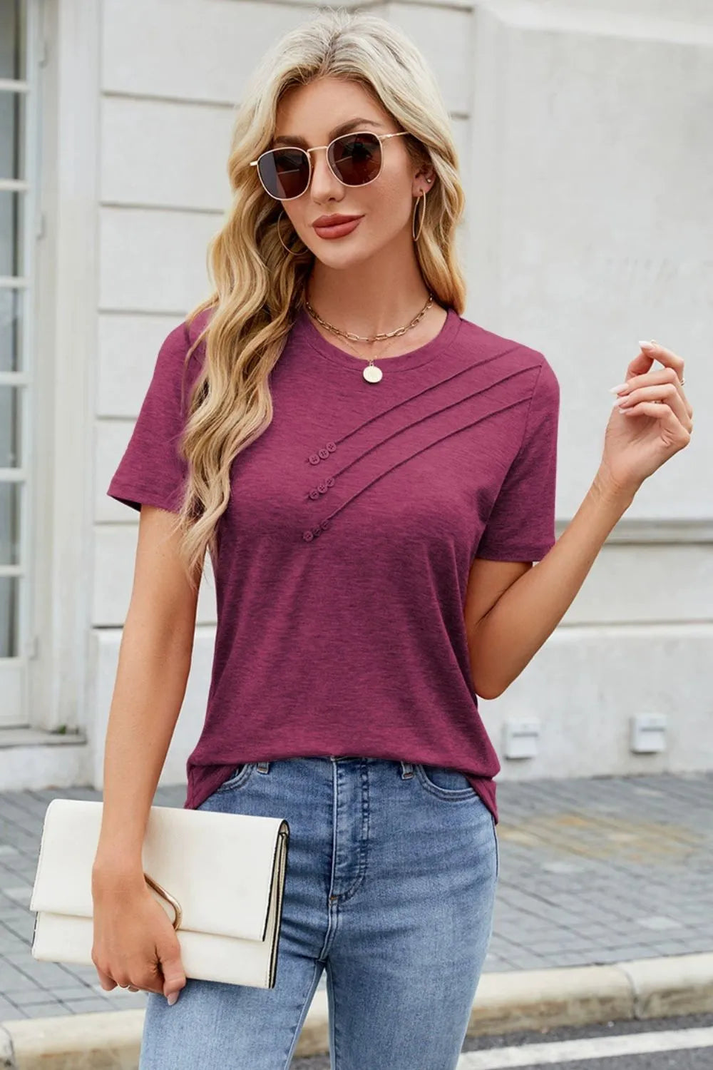 Sarah Express Women's Round Neck Short Sleeve T-Shirt with Decorative Button Plum Purple
