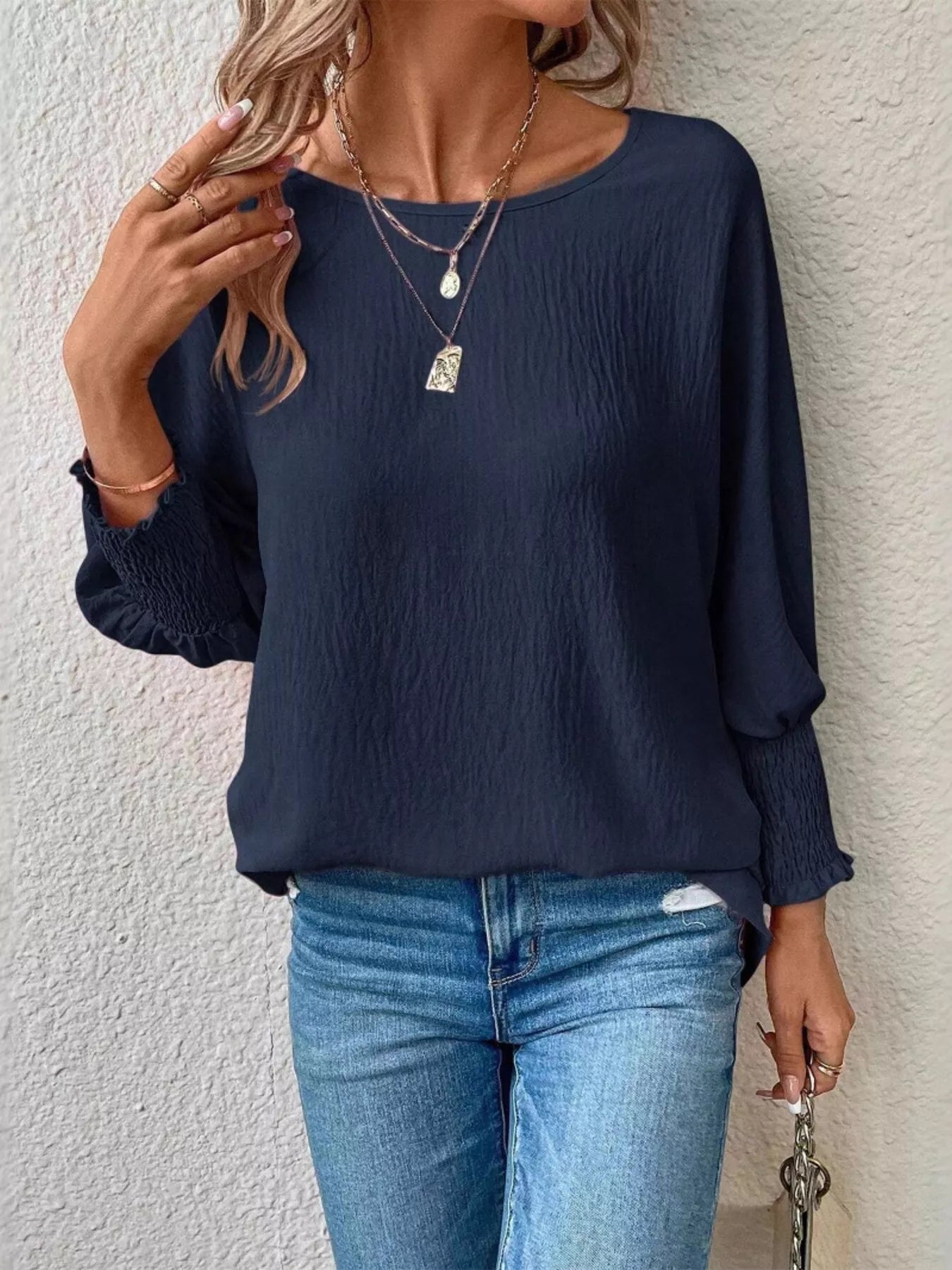 Sarah Express Women's Textured Smocked Cuff Blouse - Long Sleeve Elegant Top