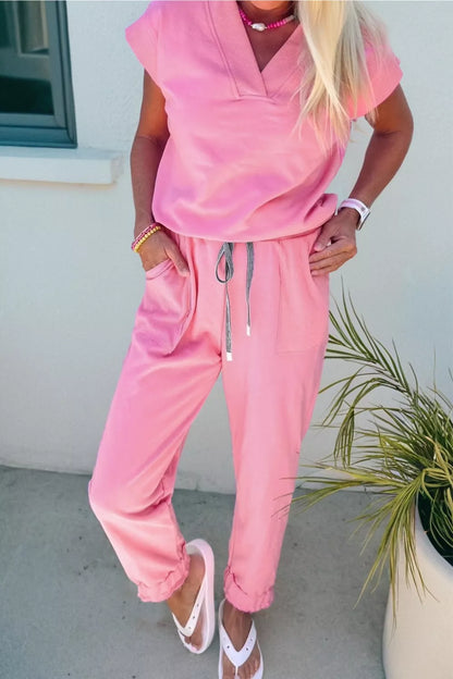 Sarah Express Women's V-Neck Tee and Drawstring Pants Two Piece Set - Casual Loungewear Outfit Pink