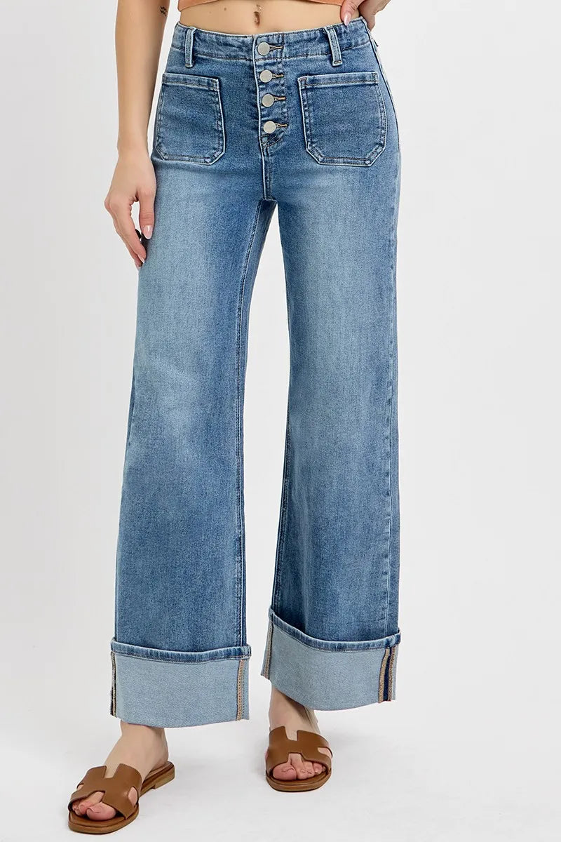 Sarah Express Women’s High Rise Cuffed Wide Leg Jeans with Patch Pockets
