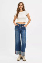Sarah Express Women’s Plus Size High Rise Cuffed Straight Leg Jeans
