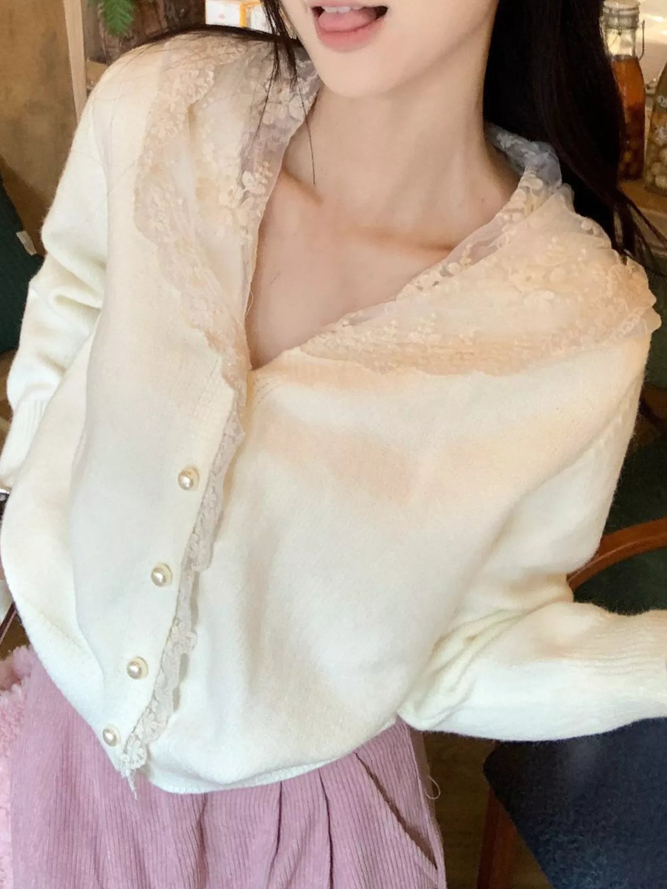 Sarah Express Women's Lace Trim Hooded Cardigan Apricot One Size