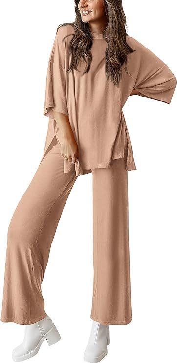 Sarah Express Two Piece Pullover Top Wide Leg Pants Set Polyester