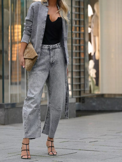 Sarah Express Women's Long Sleeve Denim Top and Wide Leg Jeans Two-Piece Set