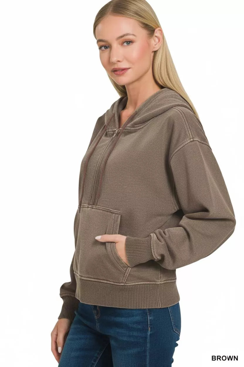 Sarah Express Women's Fleece Pigment Dye Half Zip Kangaroo Pocket Hoodie