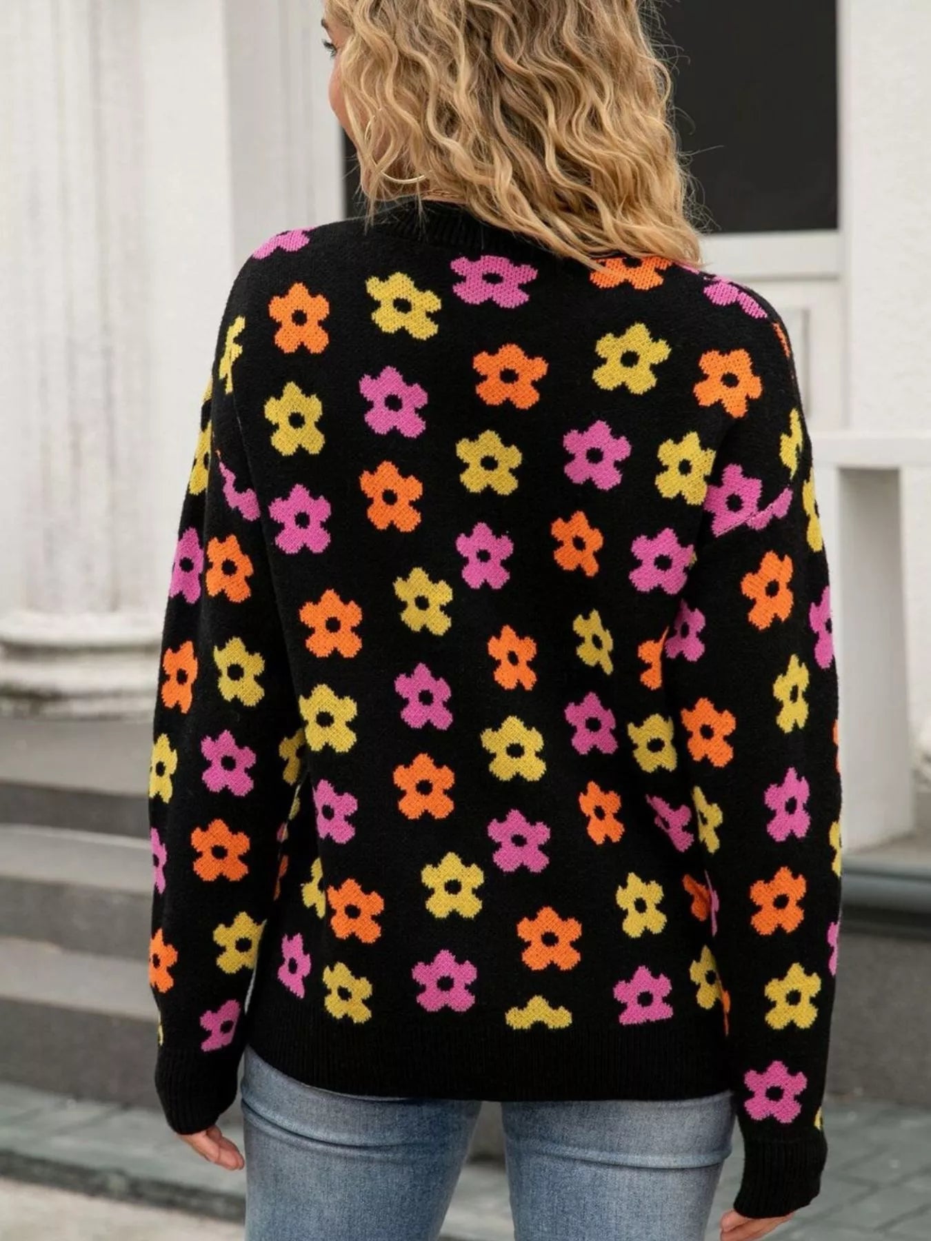 Sarah Express Women's Floral Crew Neck Sweater - Acrylic Knit Pullover