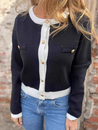 Sarah Express Women's Contrast Trim Button Up Cardigan - Ribbed Knit Sweater