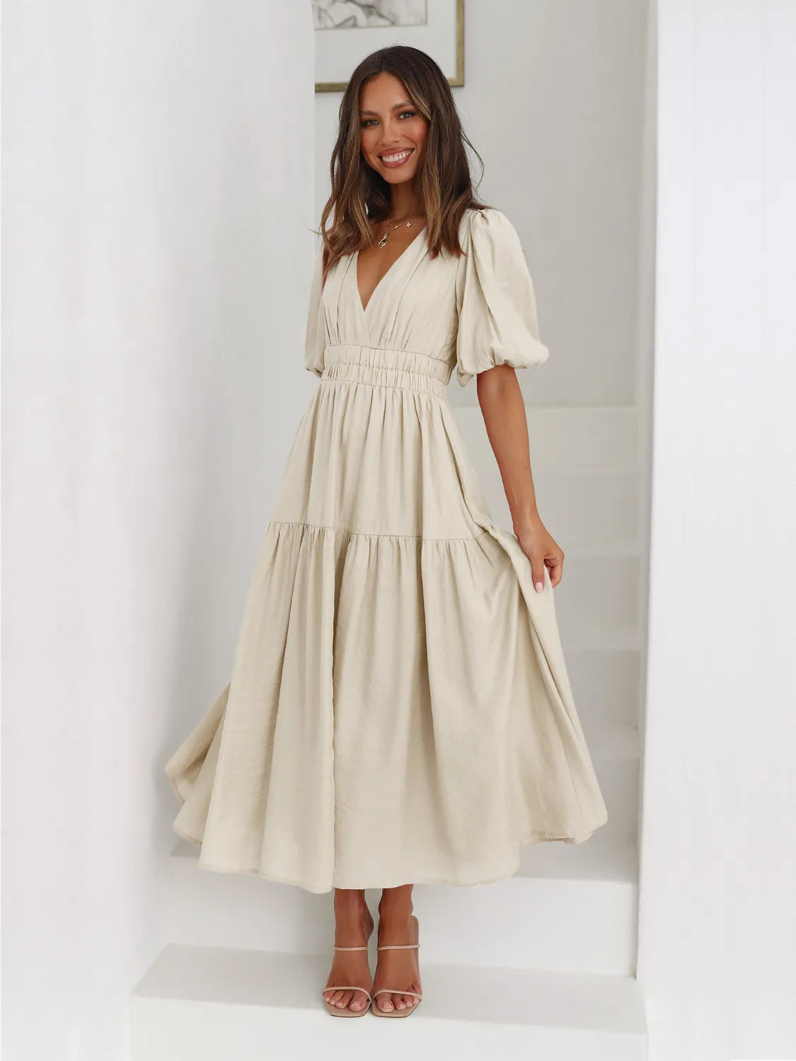 Sarah Express Women's Tiered Surplice Half Sleeve Midi Dress Beige