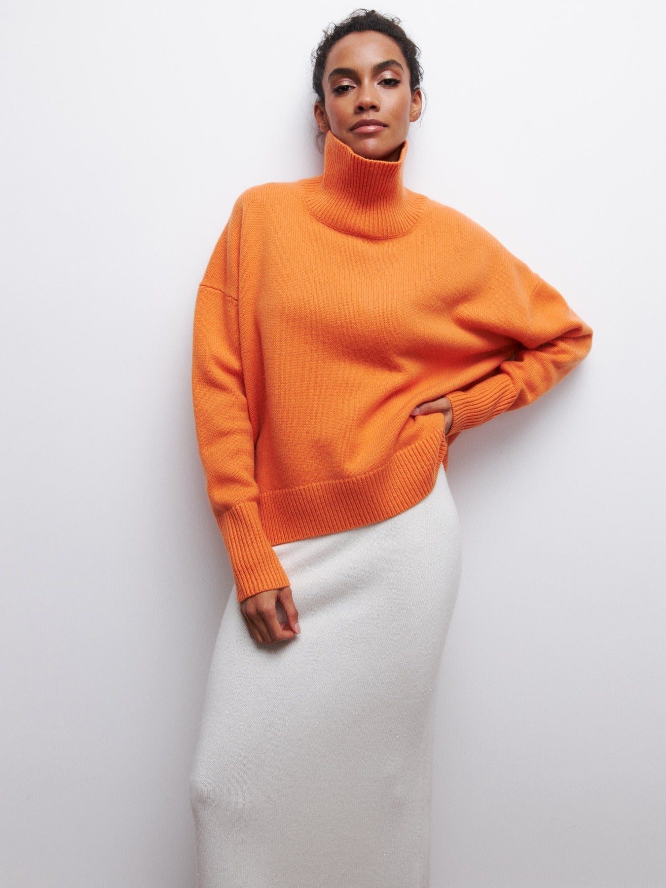 Sarah Express Women's Turtleneck Sweater - Solid Color Long Sleeve Pullover Knitwear Orange Red