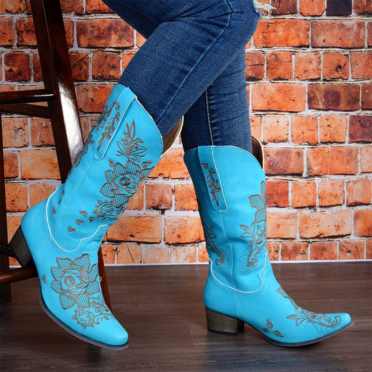 Sarah Express Womens Mid-Calf Boots With Embroidery Ethnic Style And A Comfortable Mid-Heel