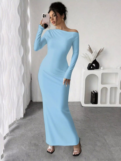 Sarah Express Women's Floral Print One Shoulder Maxi Dress Sky Blue