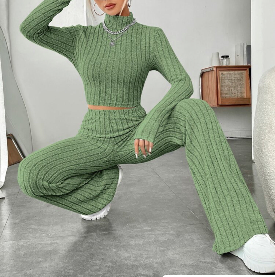 Sarah Express Women's Turtleneck Top and Wide Leg Pants Two-Piece Set Cotton Loungewear Suit