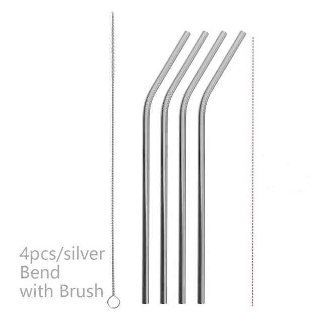 Sarah Express Colorful Reusable Stainless Steel Straws Set - Food Grade Stainless Steel Drinking Straws with Cleaning Brush Silver BEND