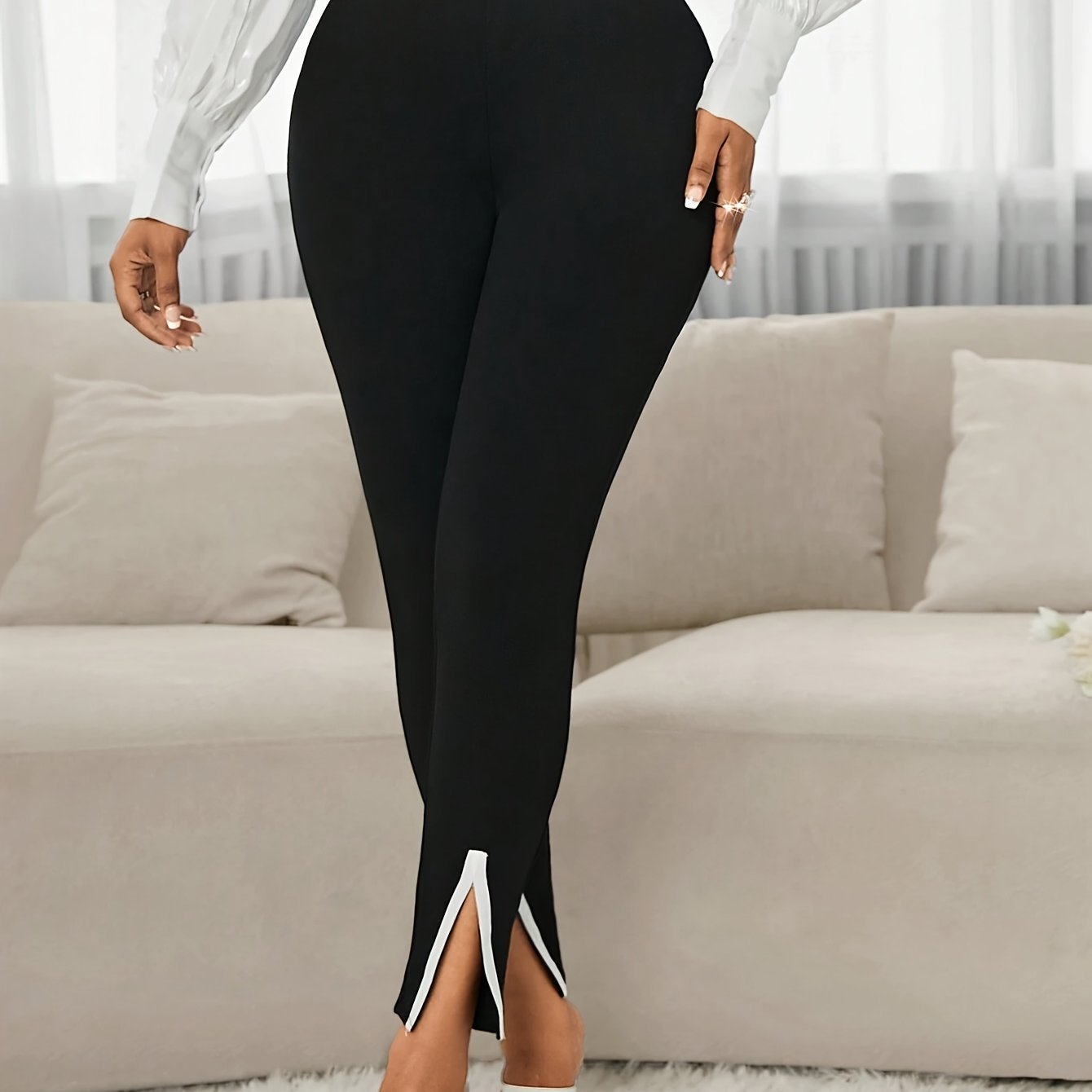 Sarah Express Women's Elegant Slim Fit Chenille Pants High Waist Work Commuter Trousers