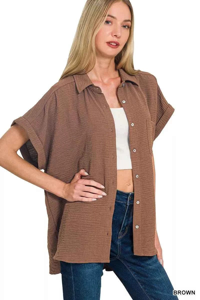 Sarah Express Women's Woven Airflow Button Down Shirt - Lightweight Breathable Top