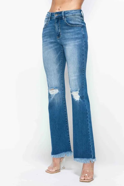 Sarah Express Women's High Rise Distressed Bootcut Jeans with Raw Hem - Vintage Denim