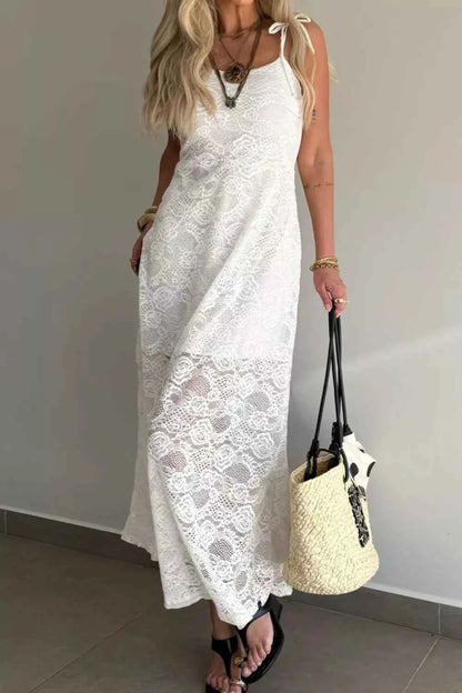 Sarah Express Women's Floral Lace Overlay Maxi Dress - Tie Spaghetti Straps Elegant Evening Gown White