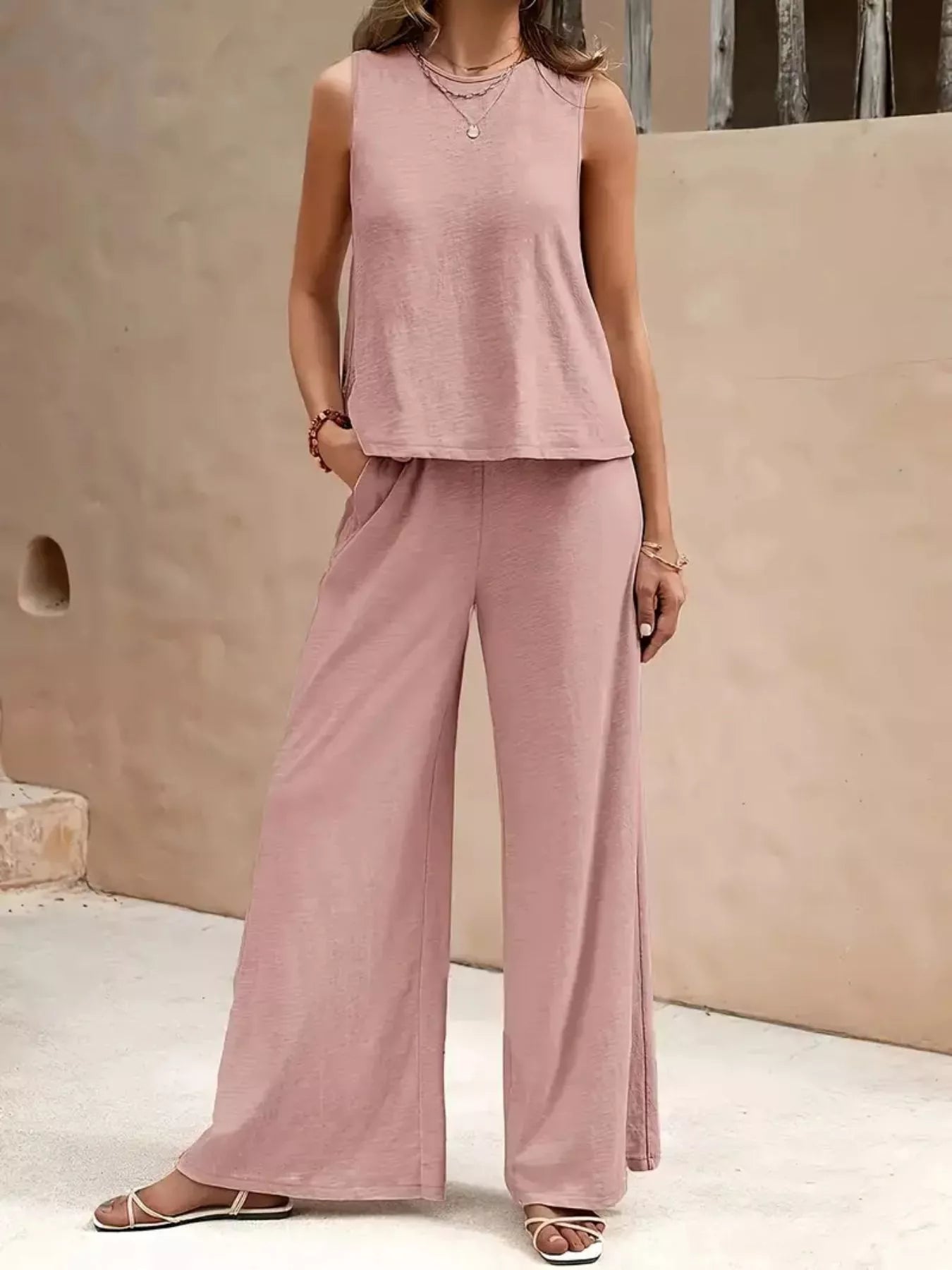 Sarah Express Women's Sleeveless Top and Wide Leg Pants Set Blush Pink