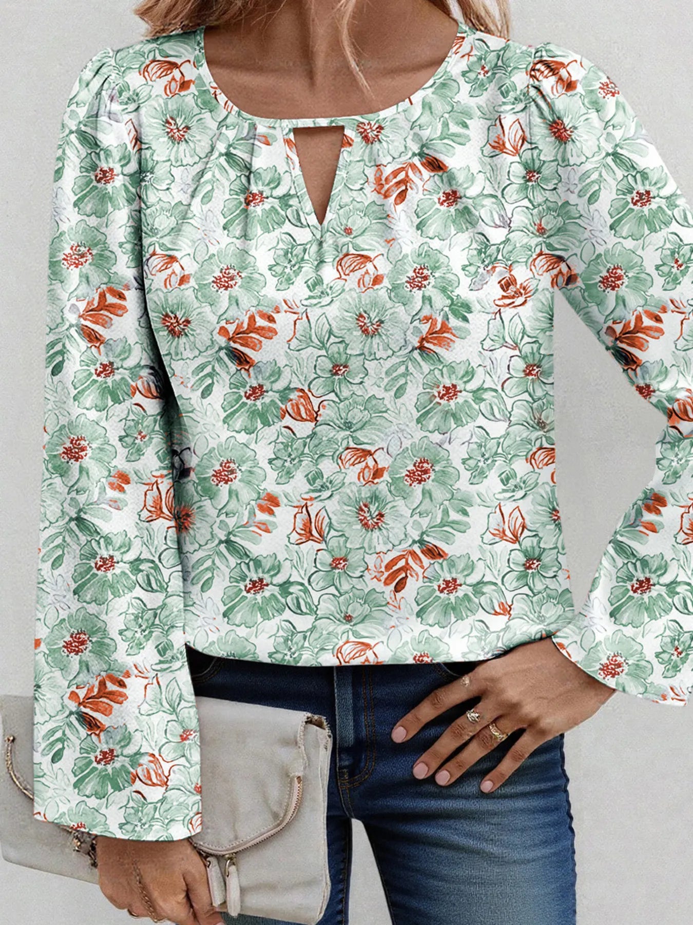 Sarah Express Women's Floral Print Keyhole Neck Blouse