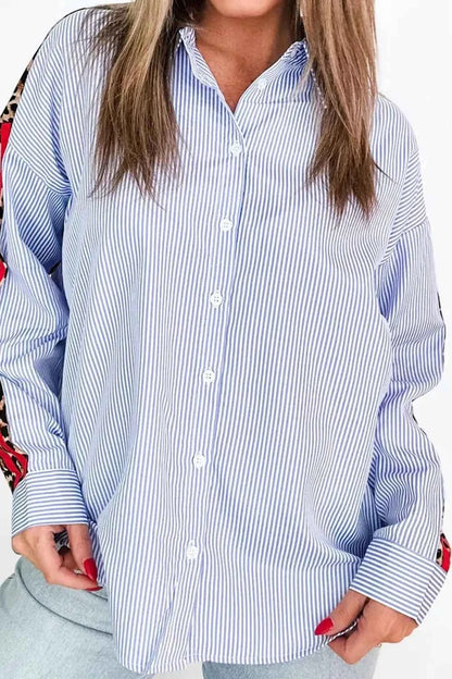 Sarah Express Women's Varsity Stripe Leopard Patchwork Button Down Shirt