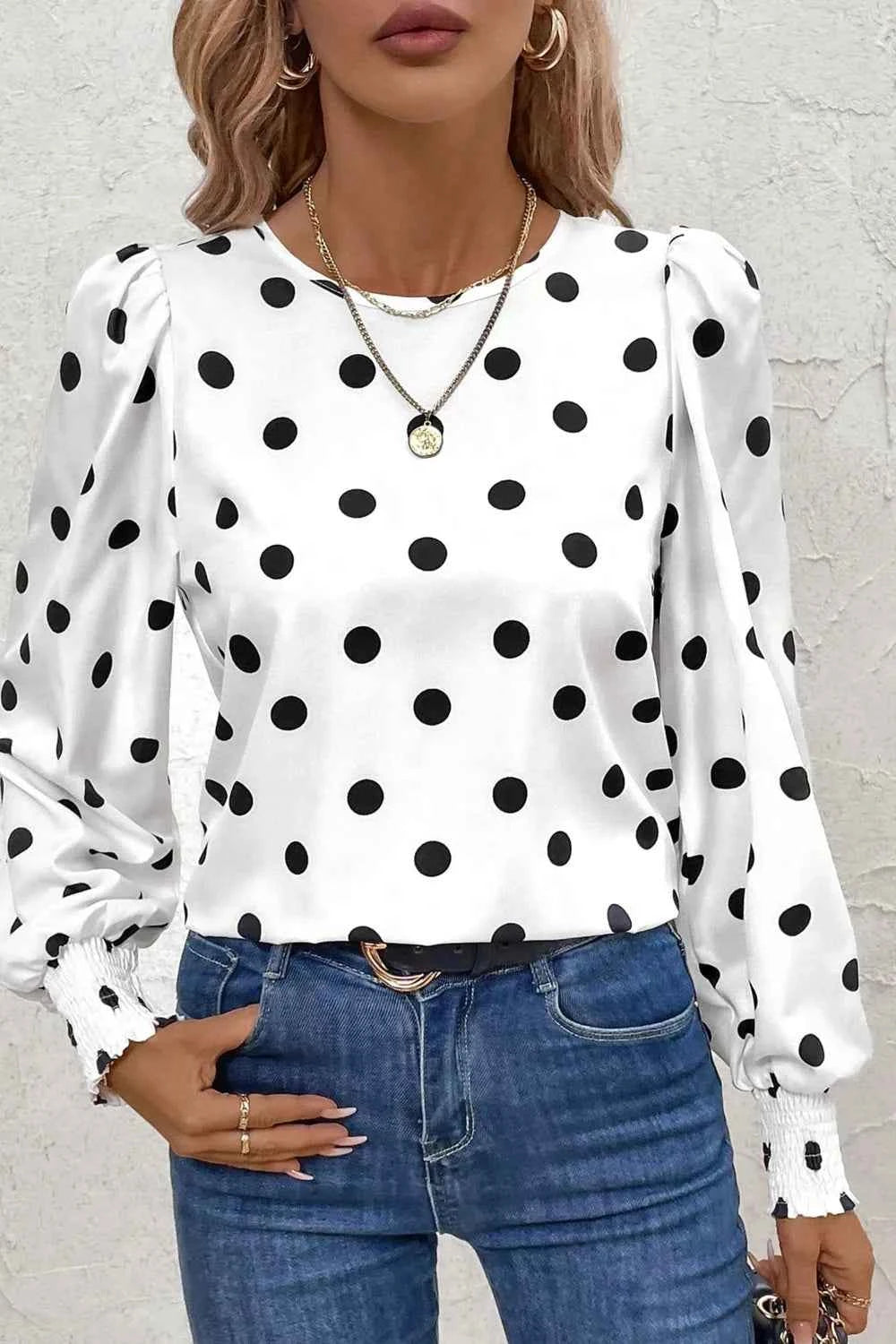 Sarah Express Women's Polka Dot Blouse - Long Sleeve Frilled Round Neck Top