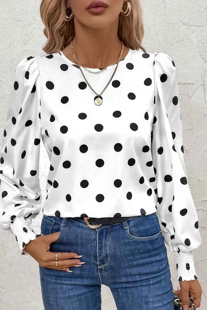 Sarah Express Women's Polka Dot Blouse - Long Sleeve Frilled Round Neck Top