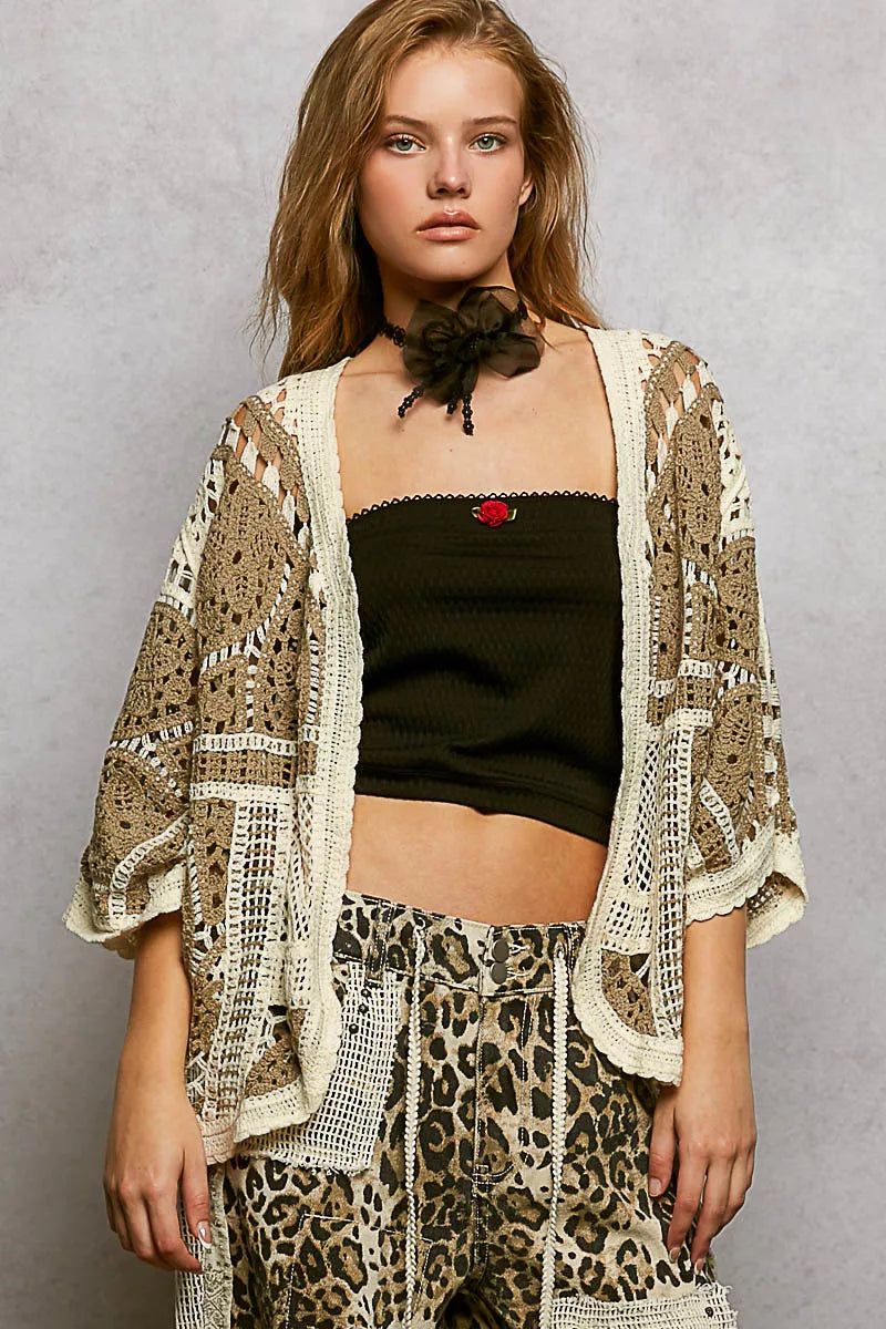 Sarah Express Women's Open Front Crochet Cardigan with Scalloped Edge MOCHA MULTI One Size