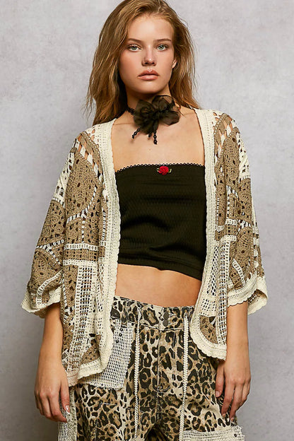 Sarah Express Women's Open Front Crochet Cardigan with Scalloped Edge MOCHA MULTI One Size