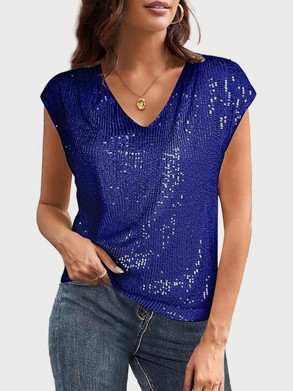Sarah Express Women's Sequin V-Neck Cap Sleeve Top Royal Blue