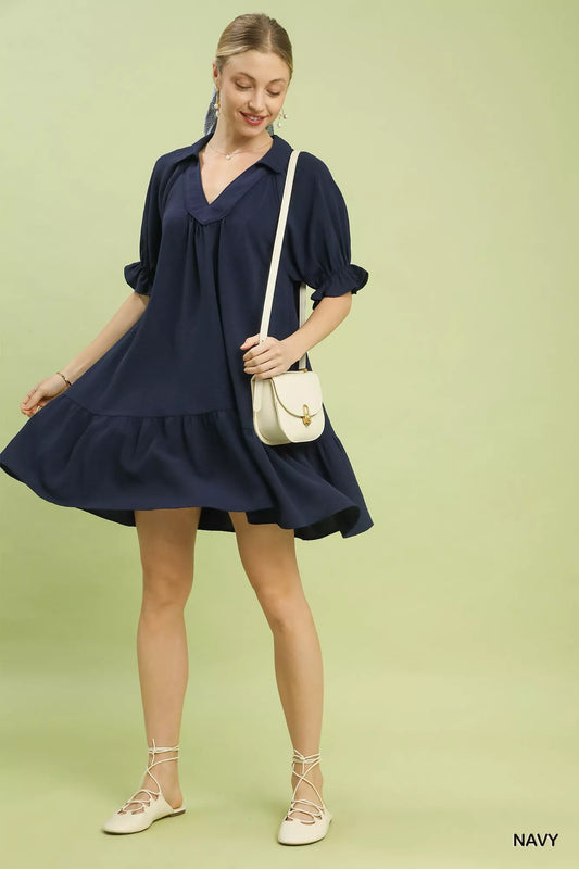 Sarah Express Women's Tiered Puff Sleeve Babydoll Dress NAVY