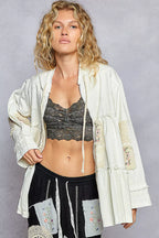 Sarah Express Women's Embroidered Patch Hooded Jacket with Lace Detail OFF WHITE