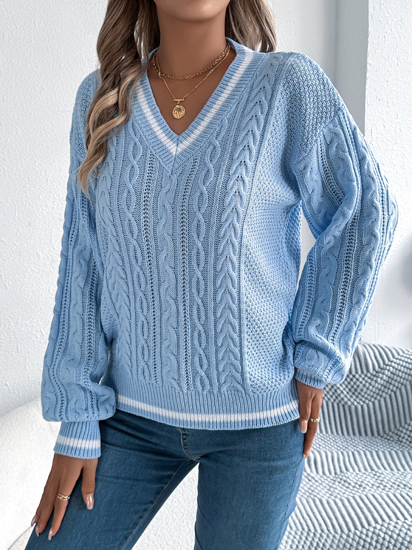 Sarah Express Women's Color Block Cable Knit Sweater V-Neck Lantern Sleeve Blue