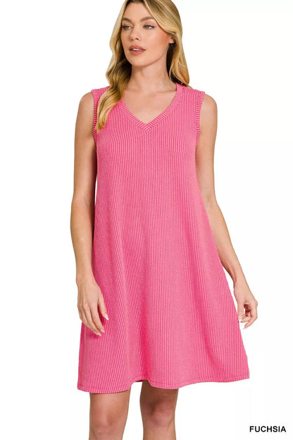 Sarah Express Women's Raised Rib Sleeveless Mini Dress FUCHSIA