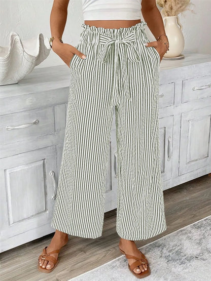 Sarah Express Women's Striped Wide Leg Paper Bag Pants Plus Size